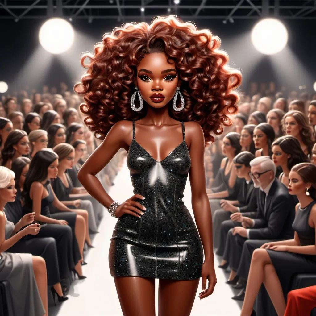 Prompt: Create a cartoon airbrush, black woman modeling Chanel clothing line at a fashion show. Make her hair, wavy and red. Her skin is brown. I have a lot of audience in the background with shining lights and glitter.