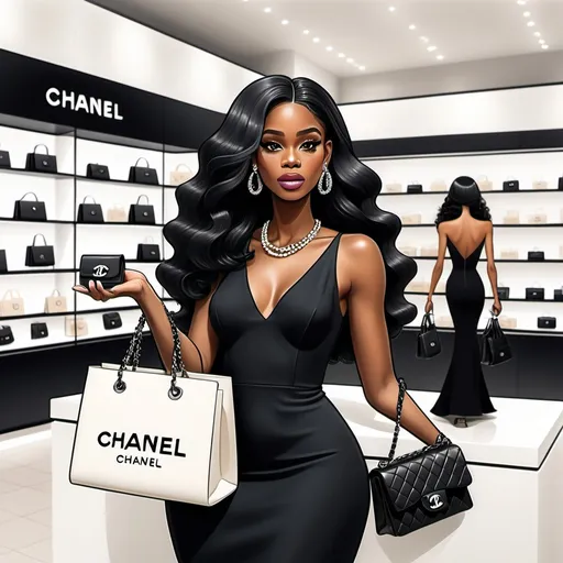 Prompt: create an cartoon black woman shopping at a Chanel store holding a new Chanel purse. Have her  with black long hair and wear a black dress