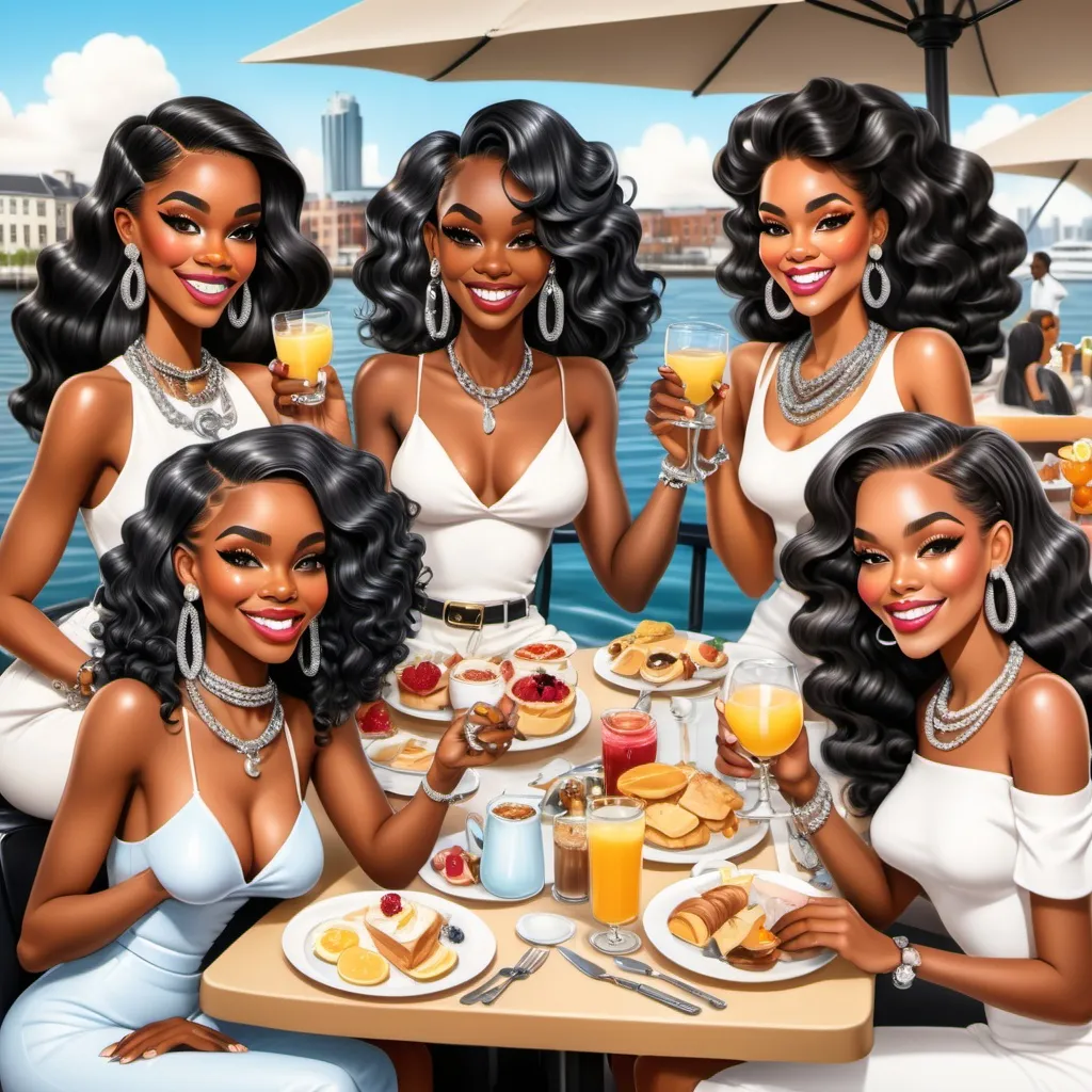 Prompt: Create a cartoon airbrush group of black women with long  hair  having brunch at a waterfront smiling and drinking and eating wearing Chanel purses and Chanel outfits, diamond earrings and necklaces jewelry