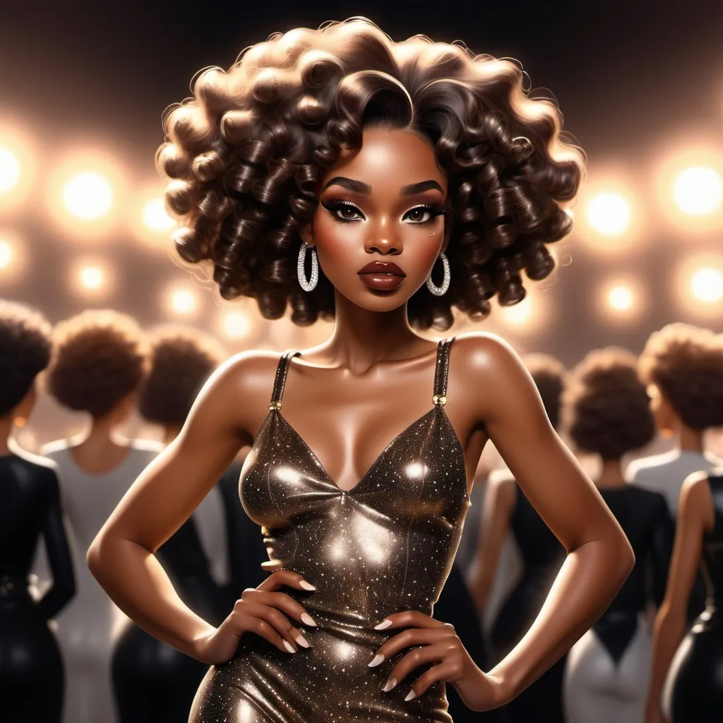 Prompt: Create a cartoon airbrush, black woman modeling Chanel clothing . Her skin is brown. I have a lot of audience in the background with shining lights and glitter and shimmer