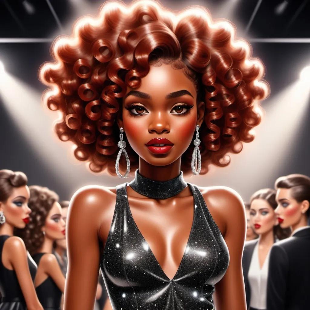 Prompt: Create a cartoon airbrush, black woman modeling Chanel clothing line at a fashion show. Make her hair, wavy and red. Her skin is brown. I have a lot of audience in the background with shining lights and glitter.