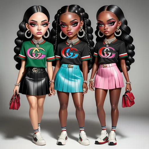 Prompt: create   rainbow high -like cartoon images airbrush  two of  black girls wearing Gucci  shirts  with both of them wearing matching Gucci sneakers and black pleaded tennis skirts with diamond earrings and diamond chains on their necks with long hair and long nails and having matching Gucci purses,