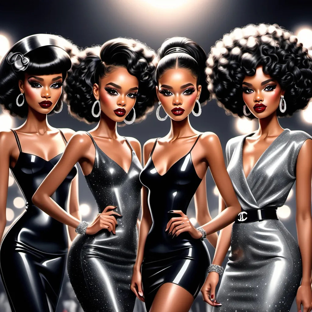 Prompt: Create a cartoon airbrush, group of black women  modeling Chanel clothing . I have a lot of audience in the background with shining lights and glitter and shimmer