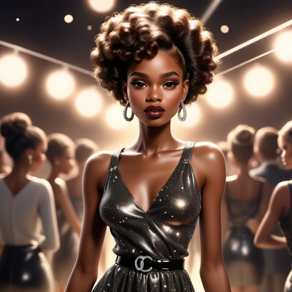 Prompt: Create a cartoon airbrush, black woman modeling Chanel clothing . Her skin is brown. I have a lot of audience in the background with shining lights and glitter and shimmer