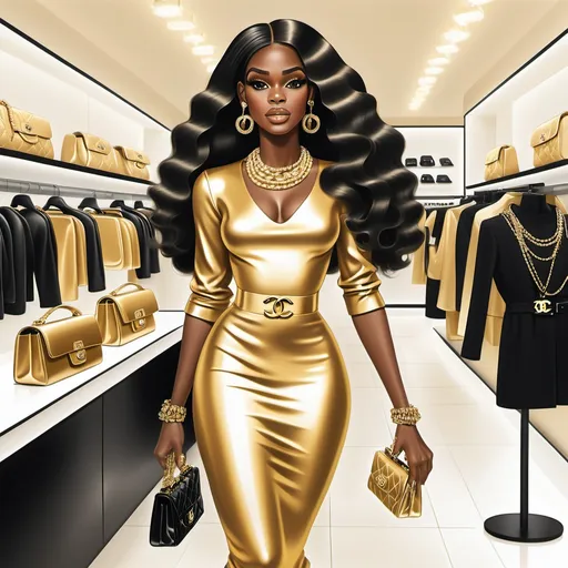 Prompt: a black woman airbrush cartoon with long hair wearing a gold outfit at the Chanel store shopping for a purse.