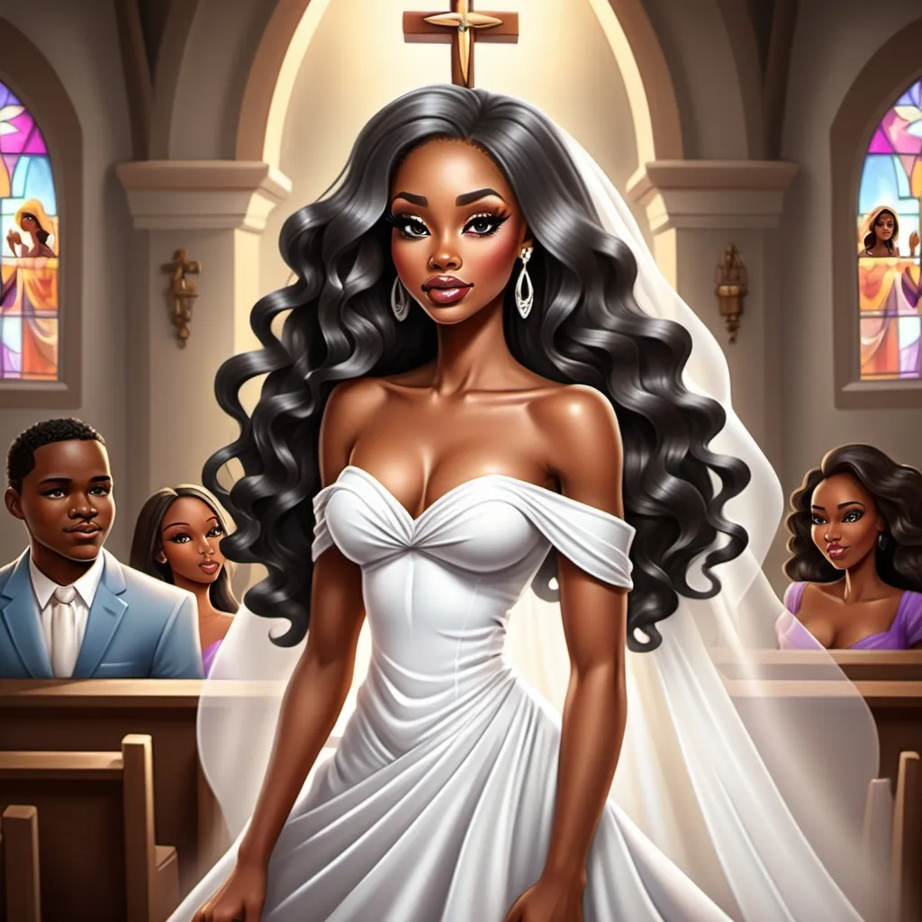 Prompt: Make an airbrush cartoon clipart of African American women with long hair and makeup. Have a nice dress at church praying at the alter