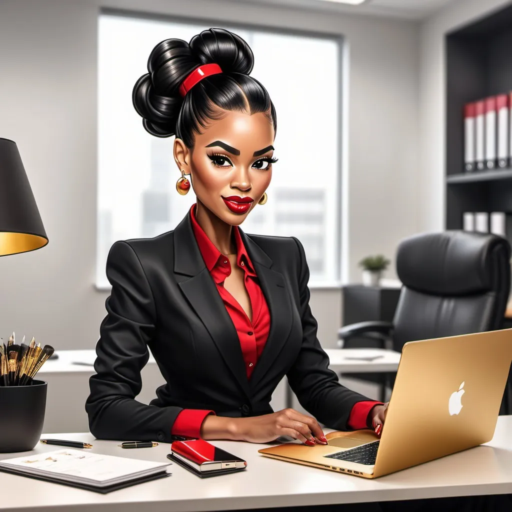 Prompt: Create a cartoon black airbrush women at an office atmosphere with a gold Apple laptop wearing a black business suit with red pump heels, hair pinned up in a bun