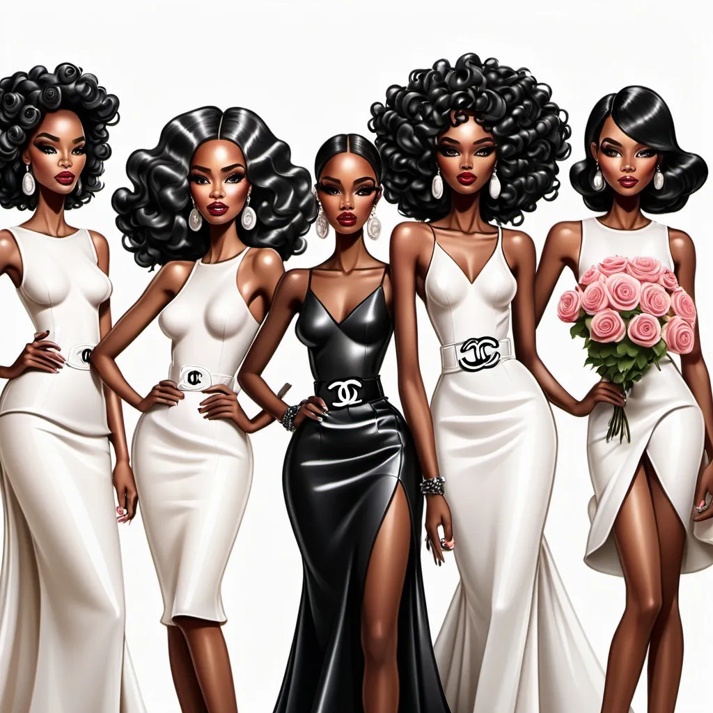 Prompt: Create a cartoon airbrush, group of black women  with long hair modeling Chanel clothing . Have them standing in the runway receiving roses.