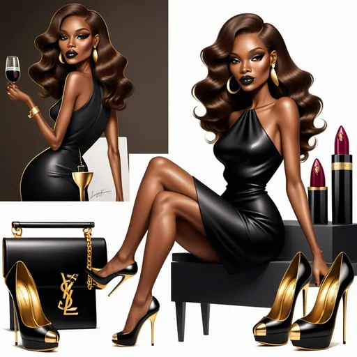 Prompt: Create a cartoon airbrush, black woman wine tasting make her with long brown hair add  highlights to her have her wear a black and gold body dress.  Make shoes  YSL high heels and a matching YSL purse  . Make  her nails long with French tip designs