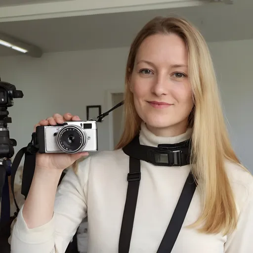 Prompt: a woman with long blonde hair posing for a picture with her camera phone in her hand and a camera strap around her neck, Annabel Kidston, superflat, profile picture, a picture. Working as a car designer.