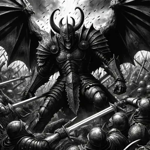 Prompt: Intense battle scene, berserk panel, dracolich attacking Guts, dark and gritty, high-res, detailed illustration, Black and white, No color, berserk, fantasy, horror, intense action, dark tones, dramatic lighting, detailed armor, dynamic composition