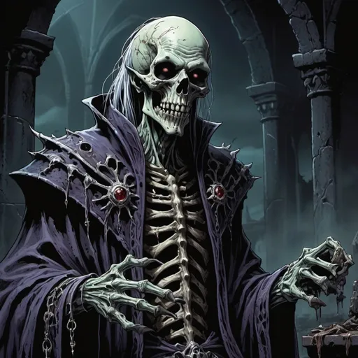 Prompt: Misc-Gothic art of an undead Lich from Dungeons and Dragons, detailed and decaying appearance, dark and eerie atmosphere, high quality, detailed shading, fantasy, gothic, undead, Lich, Dungeons and Dragons, decaying, dark tones, atmospheric lighting, intricate details. early 90s Manga comic book style.