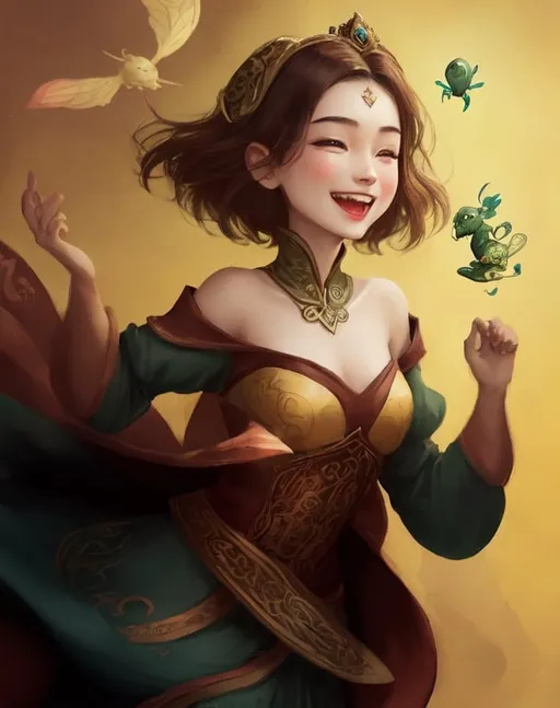 Prompt: yuan-ti, brown short hair, happy face, magic flying around her, princess dress