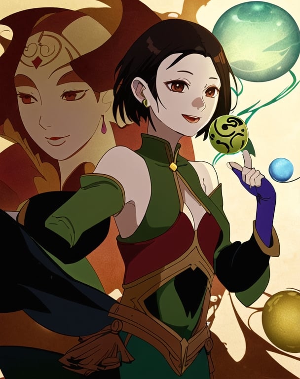 Prompt: beautiful yuan-ti with more human elements in appearance, brown short hair, happy face, magic flying around her