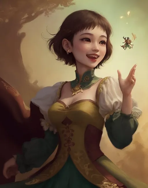 Prompt: soft yuan-ti, brown short hair, happy face, magic flying around her, princess dress