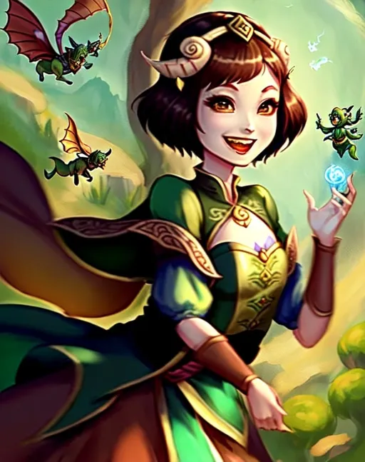 Prompt: yuan-ti character, brown short hair, happy face, magic flying around her, princess dress