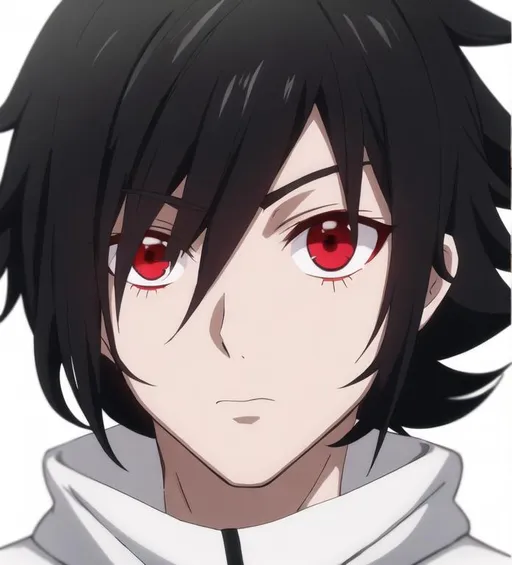 Prompt: Anime red eyed boy with black hair and white skin along with white jacket and black pants