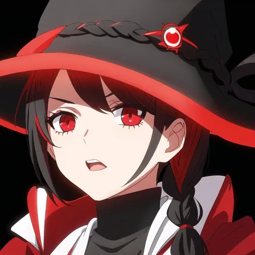 Prompt: Black hair braid ponytails with black and red magician hat and black, white and red magician clothing with red eyes