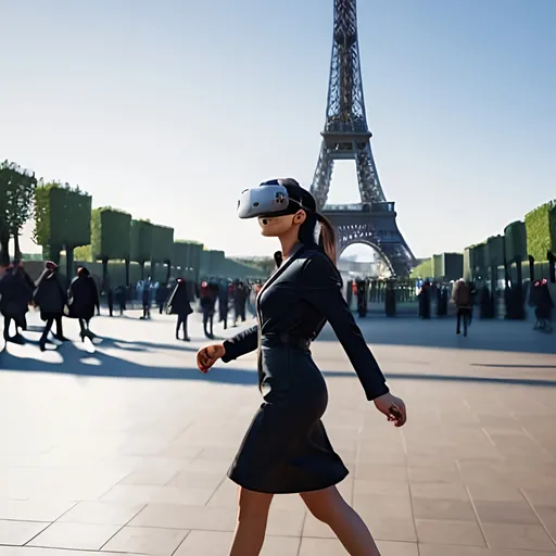 Prompt: background blur image with woman wearing VR Glasses (Oculus Quest) walking in front of eiffel tower