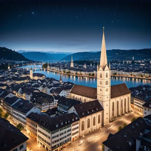 Prompt: As night falls over Zurich, the city transforms into a mesmerizing tableau of lights and shadows. The twinkling stars above are mirrored by the vibrant cityscape below, where the historic buildings and modern skyscrapers alike are bathed in a warm, golden glow. The serene Lake Zurich reflects the city's lights, creating a dazzling, almost ethereal spectacle. The streets are alive with the gentle hum of nightlife, as locals and visitors alike stroll along the cobblestone paths, basking in the city's nocturnal beauty. The iconic Grossmünster church stands majestically against the night sky, its twin towers illuminated like beacons guiding the way through the enchanting city. Zurich at night is a captivating blend of tranquility and vitality, a place where the past and present coalesce in a breathtaking display of urban elegance.