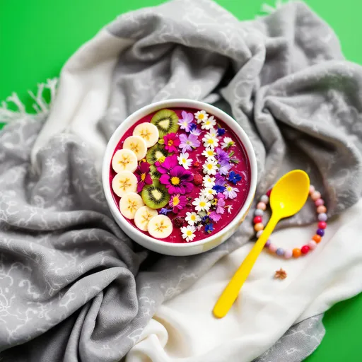 Prompt: A beautifully arranged bowl of smoothie sits atop a textured, patterned fabric, exuding a vibrant mix of colors and textures. The bowl features a rich, berry-hued smoothie topped with slices of banana, kiwi, and an array of decorative edible flowers, enhancing its visual appeal. Surrounding the bowl are layers of soft, intricately designed textiles—grey and white with patterns, contrasted against a vivid green background—creating a warm, inviting atmosphere. A bright yellow spoon lays beside the bowl, adding a playful contrast, while a beaded bracelet nearby introduces an additional element of color and charm. This scene conveys a sense of artistic presentation and appreciation for healthy, aesthetic dining.