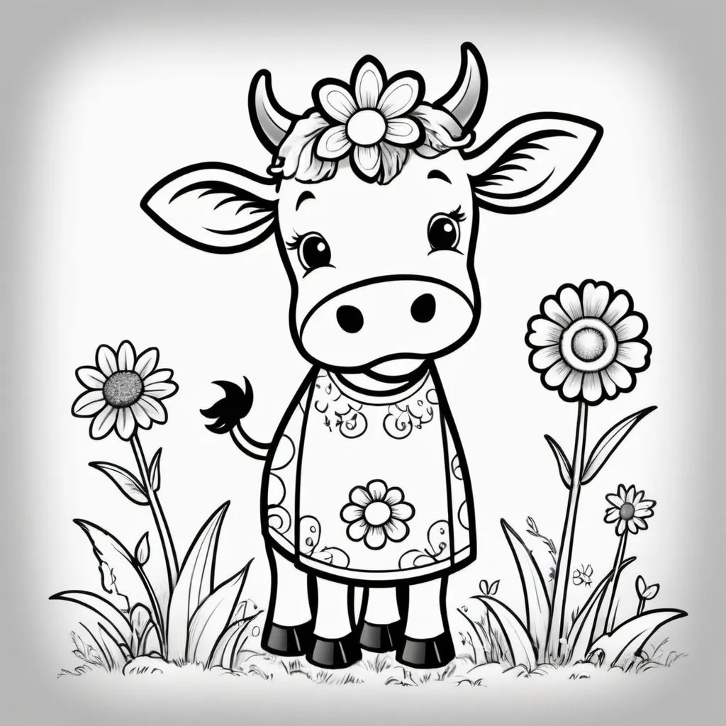 Prompt: create please a series of images for a coloring book. they all should be black and white. all should be with big details as long as they are for children. all should be cute, cartoon. all should be with different animals that wear clothes. let's start with a cow. cow should be in a summer dress. she must have a flower on her head. there are should be some details on a background, but not many