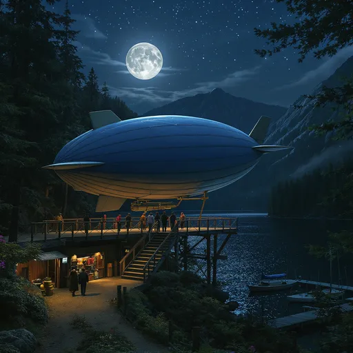 Prompt: An airship designed like a blimp, docked at a platform at midnight with 2 moons visible in the night sky. The platform is 60 feet above ground and has stairs leading to a boardwalk, below. Include 6 travelers standing on the platform: 1 half-orc, 2 goblins, 1 wood elf, and 2 kobolds. The platform is in a forest that surrounds a lake nestled in a mountain valley. The boardwalk follows a dirt road that leads to the shore and continues around part of the lake and then disappears into the forest. At the shore of the lake and along the road near the platform are shops that are all closed: a watercraft rental shop, a general store, a souvenir shop, a swimwear shop, an inn, a tavern, and a booth for lake cruise tours. No other people are in sight besides the crew of the airship and the travelers. A small marina is visible along the shore and has a few docked sailboats with sails down and an old fashioned river boat. The lake is shimmering in the moonlight, but is otherwise devoid of life (no water birds in the water, no fish jumping). 
