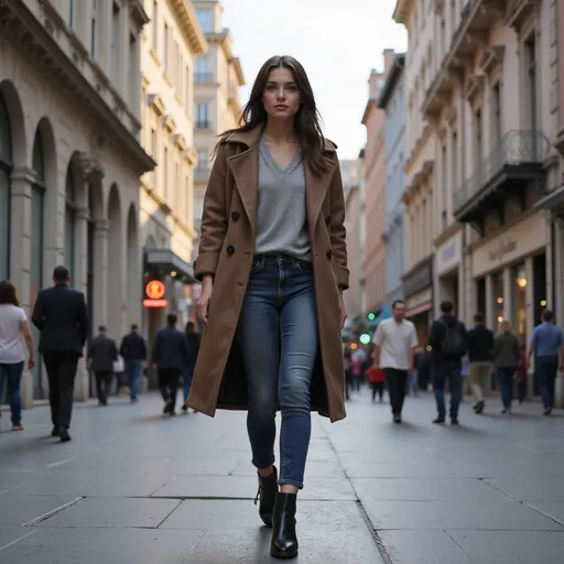 Prompt: Tall young woman walking down the high street, detailed clothing, realistic, natural lighting