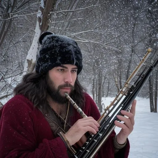Prompt: high-angle view, black wolf with blue eyes behind a flute player, transverse flute, wood trasverse flute, medieval garnet attire, snowy landscape, moonlight backlighting, full moon, dead tree, candlelight on musician's face, detailed facial hair, best quality, snowy, atmospheric lighting, musician in garnet attire, candlelit, full moon, snowy landscape, detailed facial hair, high-angle view, very dark shadow, underligthed musician, cold stars in the sky, milky way, stormy clouds, 