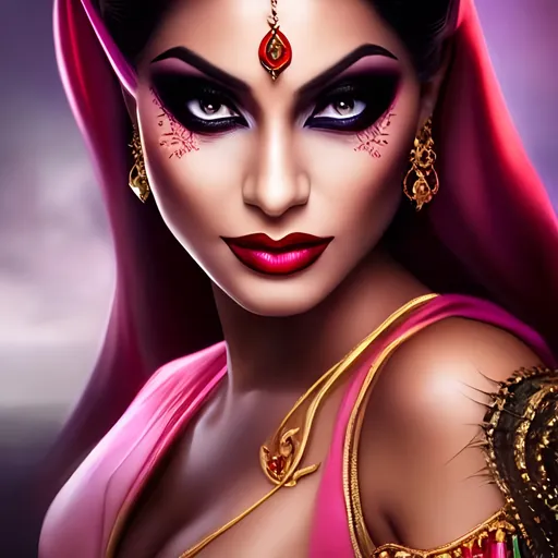 Prompt: portrait of princess jasmine as an evil vampire, dark magic, beautiful face, attractive young woman, heroic pose, full body, dramatic lighting, dark and horror, dust and blood, sharp teeth, huge smile, red eyes, intricate, wild, highly detailed, digital painting, artstation, concept art, smooth, sharp focus, illustration, art by artgerm and greg rutkowski and alphonse mucha, footage from space camera