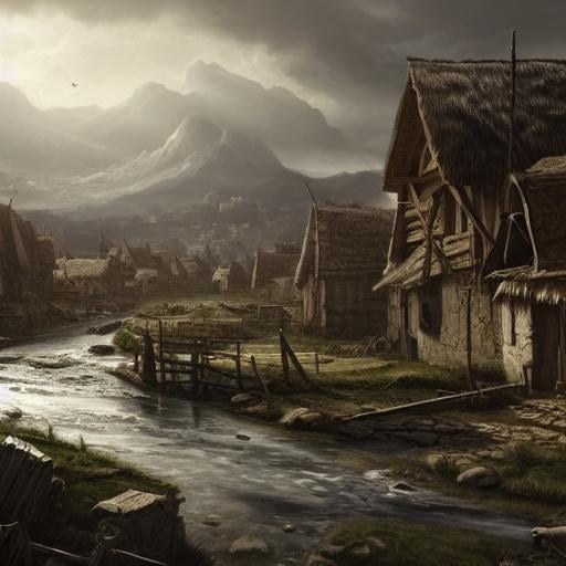 Prompt: landscape illustration of a peasant town near a river, dour, troubled, brooding, downtrodden, highly detailed, dnd, dark fantasy, landscape, trending on artstation, concept art, smooth, sharp focus, illustration, dim lighting, art by felix ortiz and carlos diaz and FantasyLandscapes