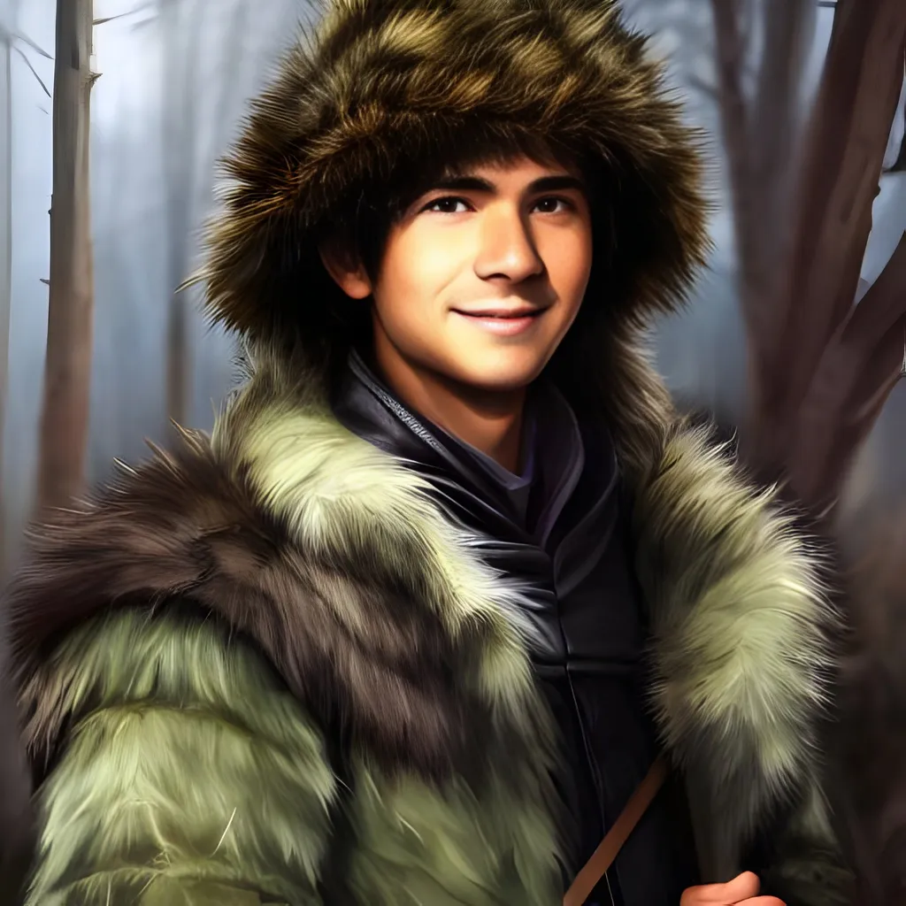 Prompt: portrait of a young lowborn man from the waist up wearing fur armor, wearing hide armor, tattered clothes, rugged, smiling, smirking, hiding something, beguiling, grimdark, fair skin, jet black hair, smiling, smirking, dark green eyes, highly detailed, dnd, dark fantasy, portrait, detailed face, sad, trending on artstation, concept art, smooth, sharp focus, illustration, cinematic lighting, art by felix ortiz and carlos diaz