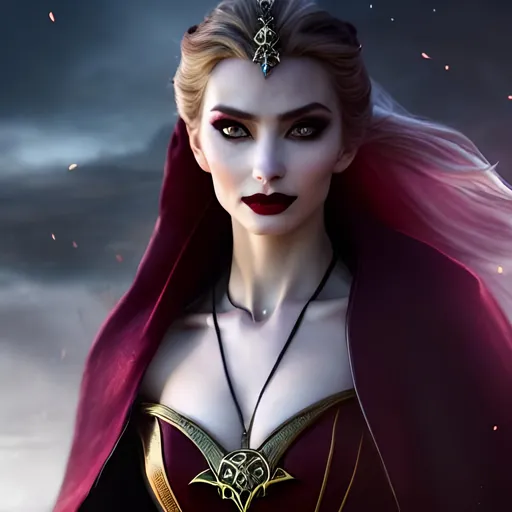 Prompt: portrait of elsa as an evil vampire, dark magic, beautiful face, attractive young woman, heroic pose, full body, dramatic lighting, dark and horror, dust and blood, intricate, wild, highly detailed, digital painting, artstation, concept art, smooth, sharp focus, illustration, art by artgerm and greg rutkowski and alphonse mucha, footage from space camera