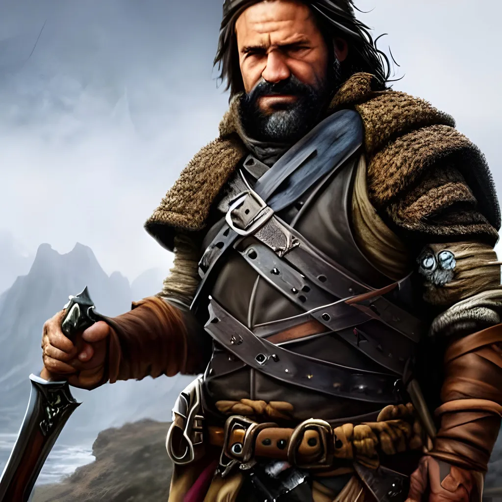 Prompt: full body portrait of a lowborn brigand wearing tattered leather armor and holding a flintlock pistol, bandana across his face, bandit, ruffian, rugged man, ugly, scarred, pockmarked grimdark, ugly, rough, tough, greasy, stubble, highly detailed, dnd, dark fantasy, portrait, detailed face, trending on artstation, concept art, smooth, sharp focus, illustration, dim lighting, art by felix ortiz and carlos diaz