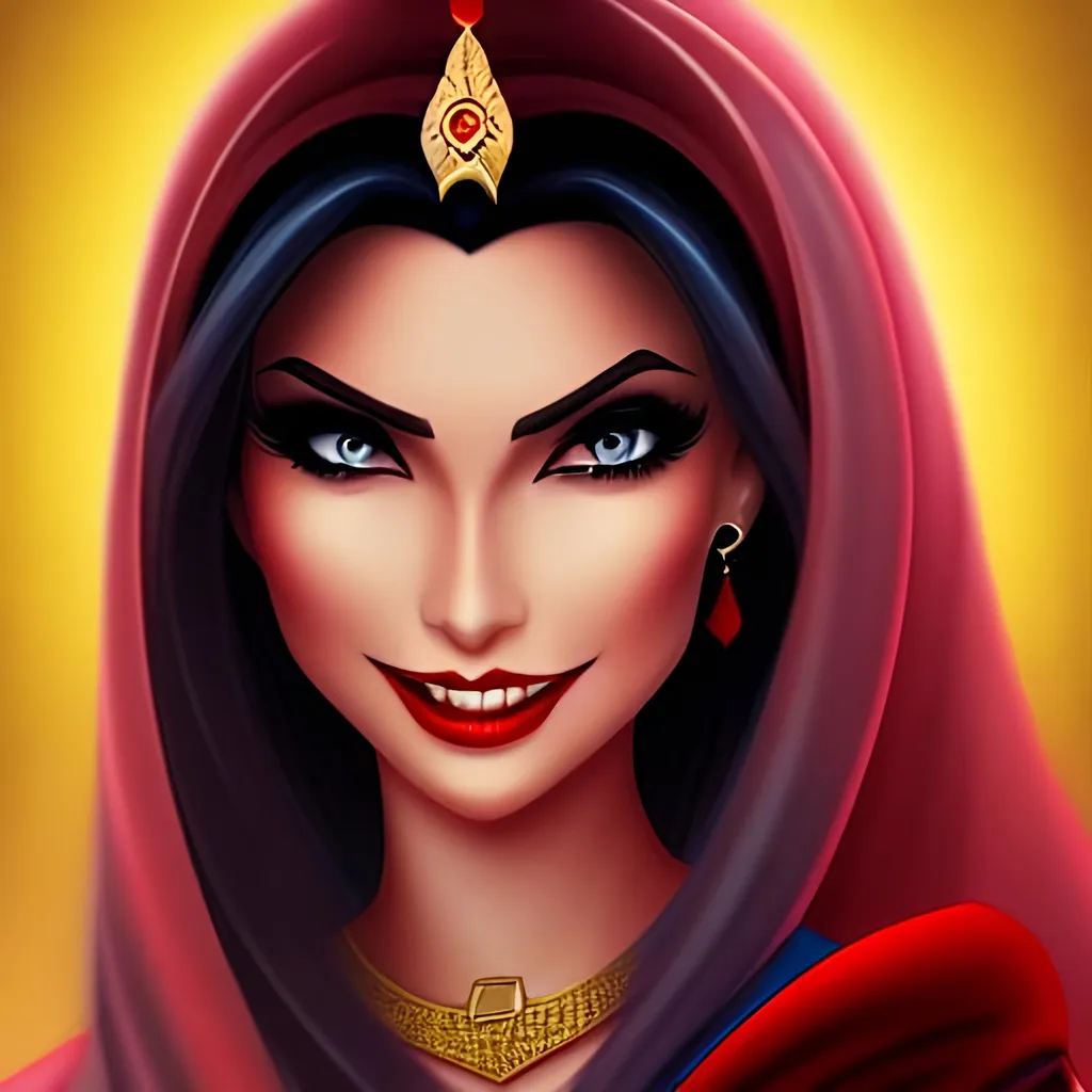 Prompt: portrait of princess jasmine as a bloodthirsty vampire, pale skin, sharp teeth, red eyes, huge smile, blood dripping from her mouth, trending on artstation