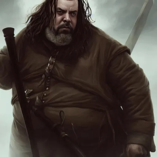 Prompt: portrait of a graverobber from the waist up, rugged man, holding a shovel, grimdark, strong jaw, corpulent, fat, pale skin, medium brown hair, stubble, kind face, grey eyes, highly detailed, dnd, dark fantasy, portrait, detailed face, sad, trending on artstation, concept art, smooth, sharp focus, illustration, cinematic lighting, art by felix ortiz and carlos diaz