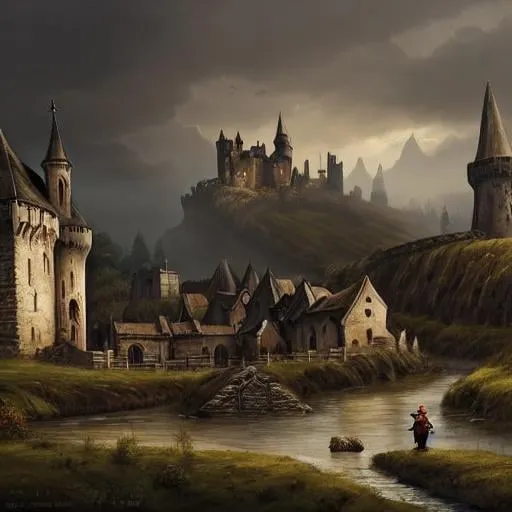 Prompt: landscape painting of a gothic village near a river, dour, troubled, brooding, downtrodden, castle in the background, ominous, farmland, hamlet, muddy roads, highly detailed, dnd, dark fantasy, landscape, trending on artstation, concept art, smooth, sharp focus, illustration, dim lighting, art by felix ortiz and carlos diaz and FantasyLandscapes