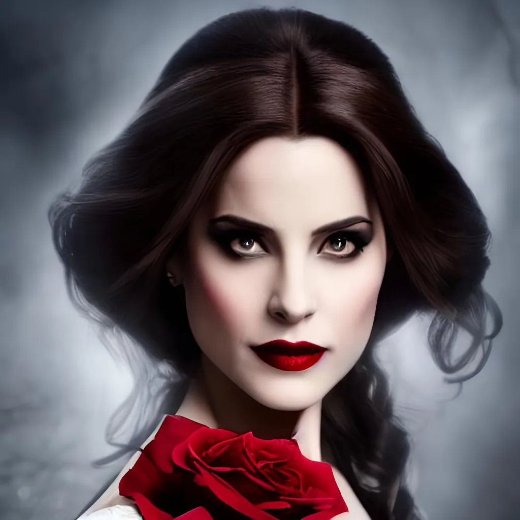 Prompt: portrait of belle from beauty and the beast as an evil vampire, dark magic, beautiful face, attractive young woman, heroic pose, full body, dramatic lighting, dark and horror, dust and blood, sharp teeth, huge smile, red eyes, intricate, wild, highly detailed, digital painting, artstation, concept art, smooth, sharp focus, illustration, art by artgerm and greg rutkowski and alphonse mucha, footage from space camera