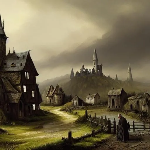 Prompt: landscape painting of a gothic village near a river, dour, troubled, brooding, downtrodden, castle in the background, ominous, farmland, hamlet, muddy roads, highly detailed, dnd, dark fantasy, landscape, trending on artstation, concept art, smooth, sharp focus, illustration, dim lighting, art by felix ortiz and carlos diaz and FantasyLandscapes