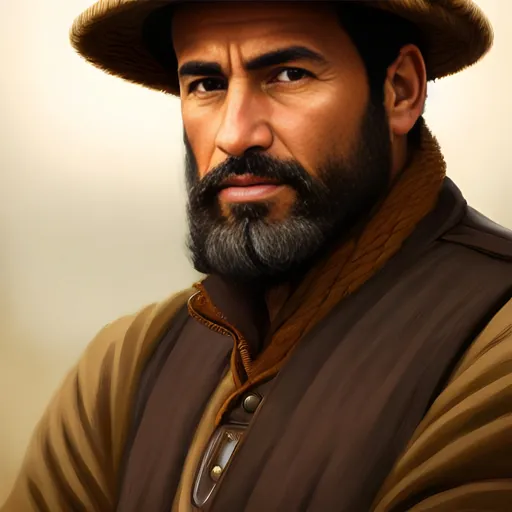 Prompt: portrait of a peasant man from the waist up wearing a warm vest, driving a coach, driving a wagon, grimdark, slender, fit, light brown skin, light brown hair, nervous, humble, light brown eyes, highly detailed, dnd, dark fantasy, portrait, detailed face, sad, trending on artstation, concept art, smooth, sharp focus, illustration, cinematic lighting, art by felix ortiz and carlos diaz