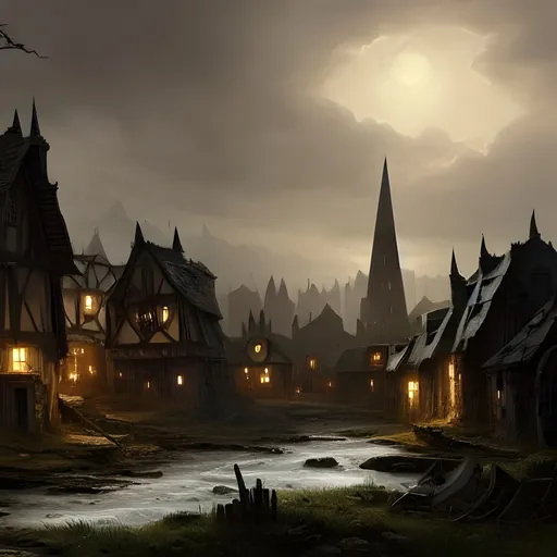 Prompt: landscape painting of a gothic village near a river, dour, troubled, brooding, downtrodden, highly detailed, dnd, dark fantasy, landscape, trending on artstation, concept art, smooth, sharp focus, illustration, dim lighting, art by felix ortiz and carlos diaz and FantasyLandscapes