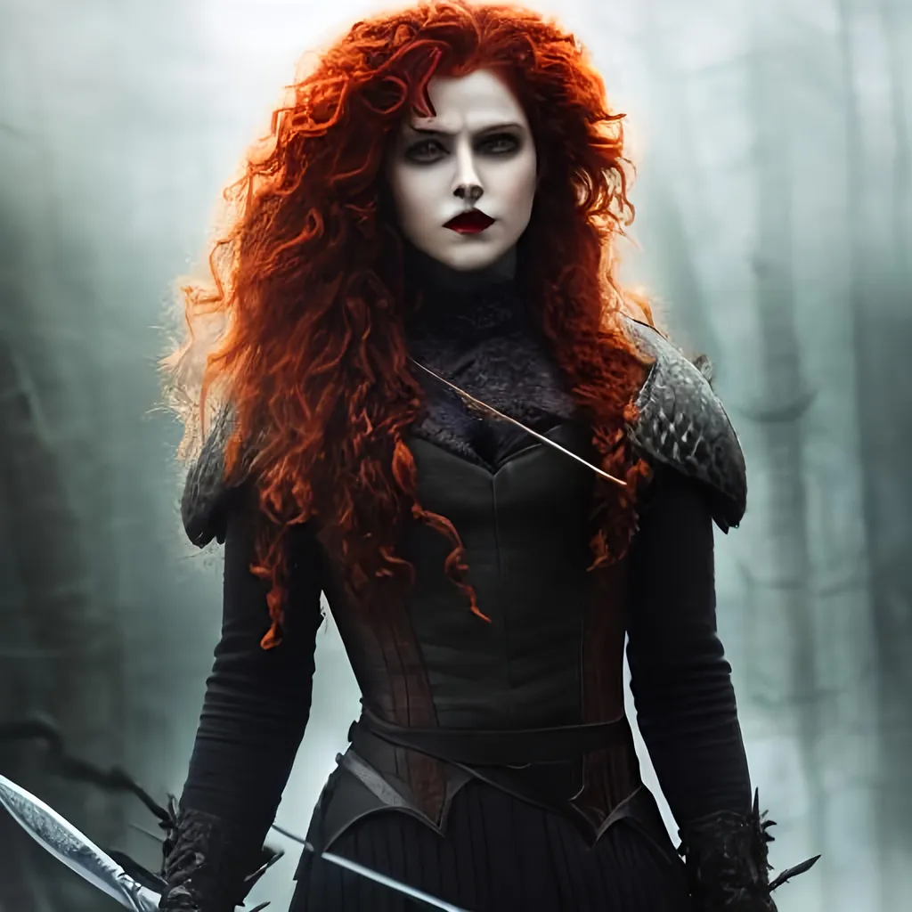 Prompt: portrait of Merida as an evil vampire, dark magic, beautiful face, attractive young woman, heroic pose, full body, dramatic lighting, dark and horror, dust and blood, sharp teeth, huge smile, red eyes, dripping blood, intricate, wild, highly detailed, digital painting, artstation, concept art, smooth, sharp focus, illustration, art by artgerm and greg rutkowski and alphonse mucha, footage from space camera