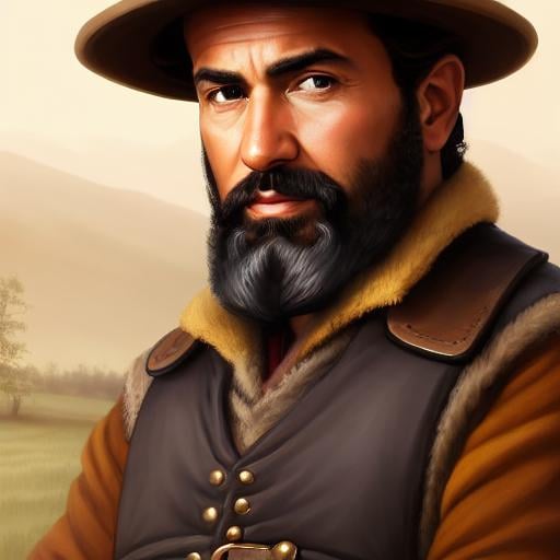 Prompt: portrait of a peasant man from the waist up wearing a warm vest, holding a blunderbuss, driving a coach, driving a wagon, grimdark, slender, fit, light brown skin, light brown hair, nervous, humble, light brown eyes, highly detailed, dnd, dark fantasy, portrait, detailed face, sad, trending on artstation, concept art, smooth, sharp focus, illustration, cinematic lighting, art by felix ortiz and carlos diaz