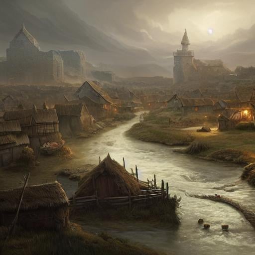 Prompt: landscape illustration of a peasant town near a river, dour, troubled, brooding, downtrodden, highly detailed, dnd, dark fantasy, landscape, trending on artstation, concept art, smooth, sharp focus, illustration, dim lighting, art by felix ortiz and carlos diaz and FantasyLandscapes