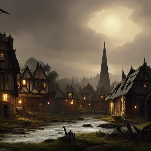 Prompt: landscape painting of a gothic village near a river, dour, troubled, brooding, downtrodden, highly detailed, hamlet, dnd, dark fantasy, landscape, trending on artstation, concept art, smooth, sharp focus, illustration, dim lighting, art by felix ortiz and carlos diaz and FantasyLandscapes