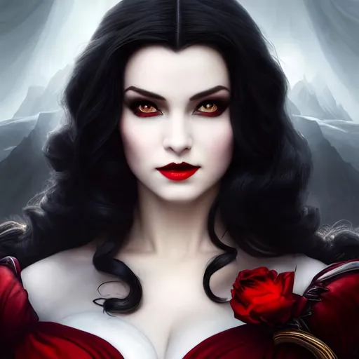 Prompt: portrait of snow white as an evil vampire, dark magic, beautiful face, attractive young woman, heroic pose, full body, dramatic lighting, dark and horror, dust and blood, intricate, wild, highly detailed, digital painting, artstation, concept art, smooth, sharp focus, illustration, art by artgerm and greg rutkowski and alphonse mucha, footage from space camera
