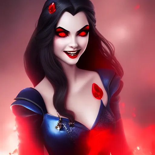 Prompt: portrait of cinderella as a bloodthirsty vampire, pale skin, sharp teeth, red eyes, huge smile, blood dripping from her mouth, trending on artstation