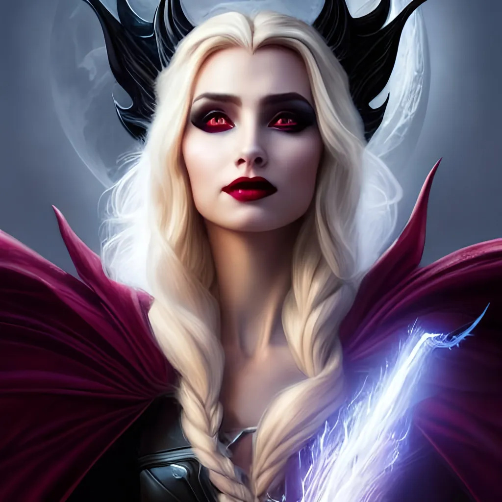 Prompt: portrait of elsa as an evil vampire, dark magic, beautiful face, attractive young woman, heroic pose, full body, dramatic lighting, dark and horror, dust and blood, intricate, wild, highly detailed, digital painting, artstation, concept art, smooth, sharp focus, illustration, art by artgerm and greg rutkowski and alphonse mucha, footage from space camera