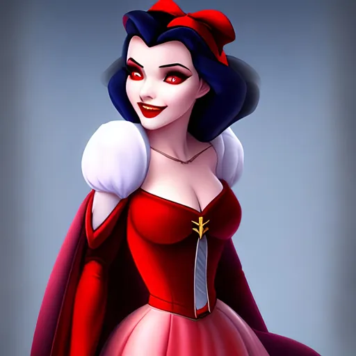 Prompt: portrait of snow white as a bloodthirsty vampire, pale skin, sharp teeth, red eyes, huge smile, trending on artstation