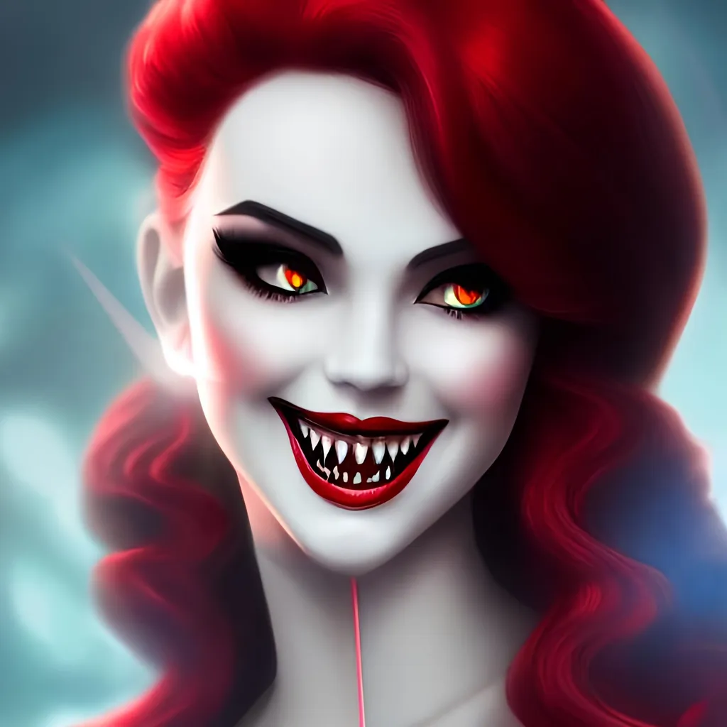 Prompt: portrait of cinderella as a bloodthirsty vampire, pale skin, sharp teeth, red eyes, huge smile, blood dripping from her mouth, trending on artstation